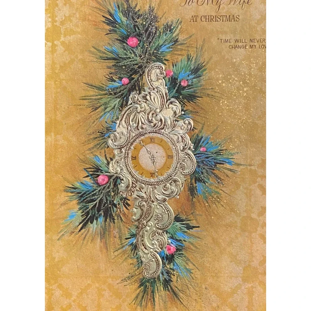 Vintage Unused Hallmark Christmas Card To My Wife Gold Clock Retro 72B
